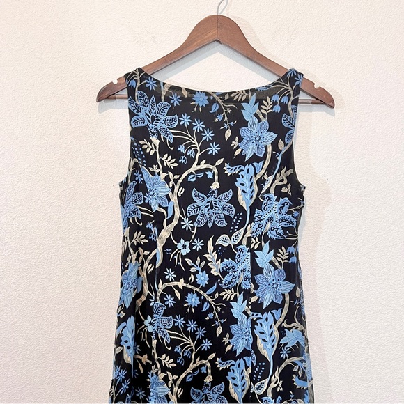 100% Silk Floral Midi Dress Black Blue Sheer Overlay Size 4 - Picture 10 of 13